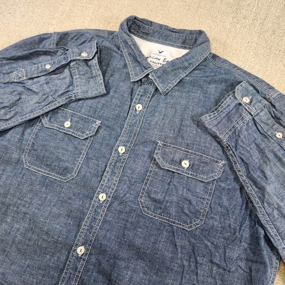 American Eagle Shirt Men XXL Chambray Lightweight Denim Button Up Y2K Cowboy - Picture 1 of 10